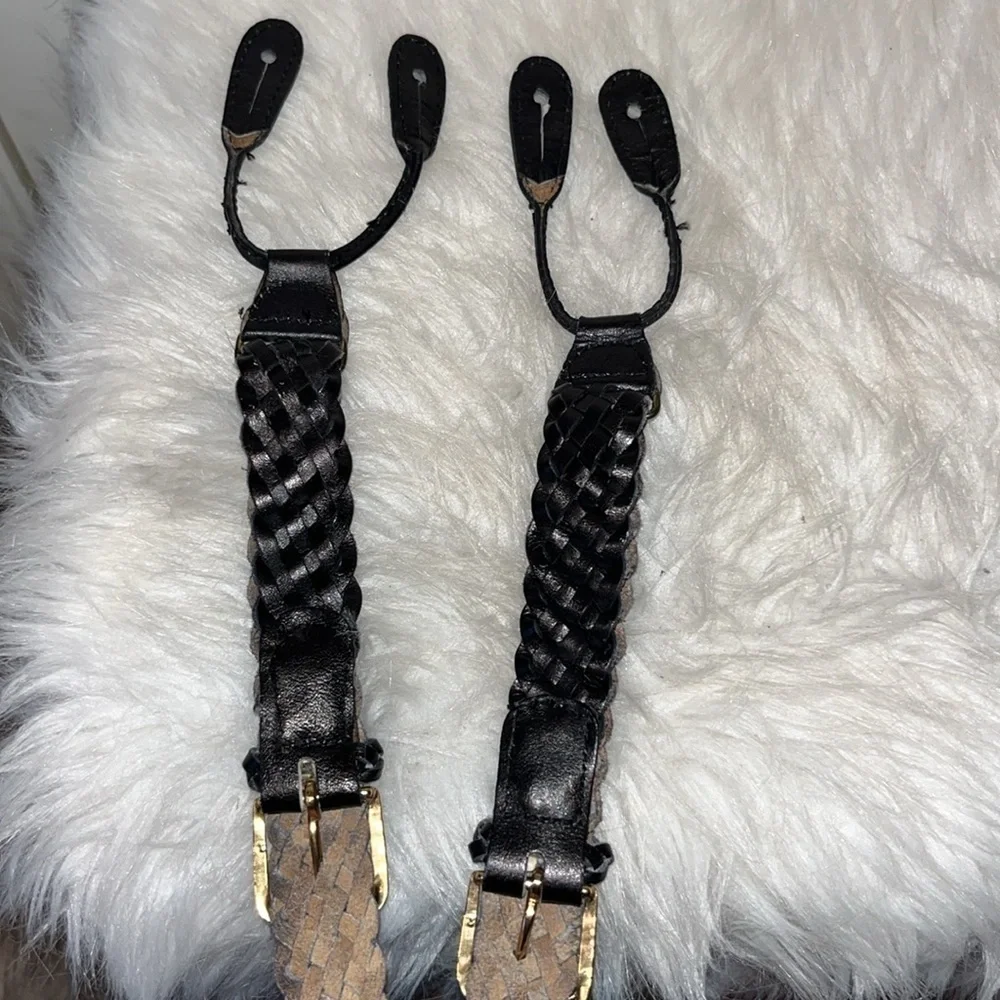 Black braided leather suspenders made in Haiti gold tone hardware
